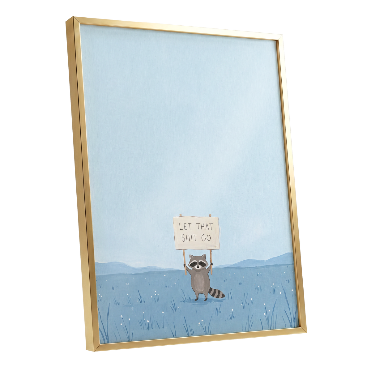 Let It Go Raccoon, blue, beige, gray nature wall art shown as a gold framed poster wall art print