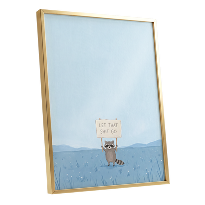 Let It Go Raccoon, blue, beige, gray nature wall art shown as a gold framed poster wall art print