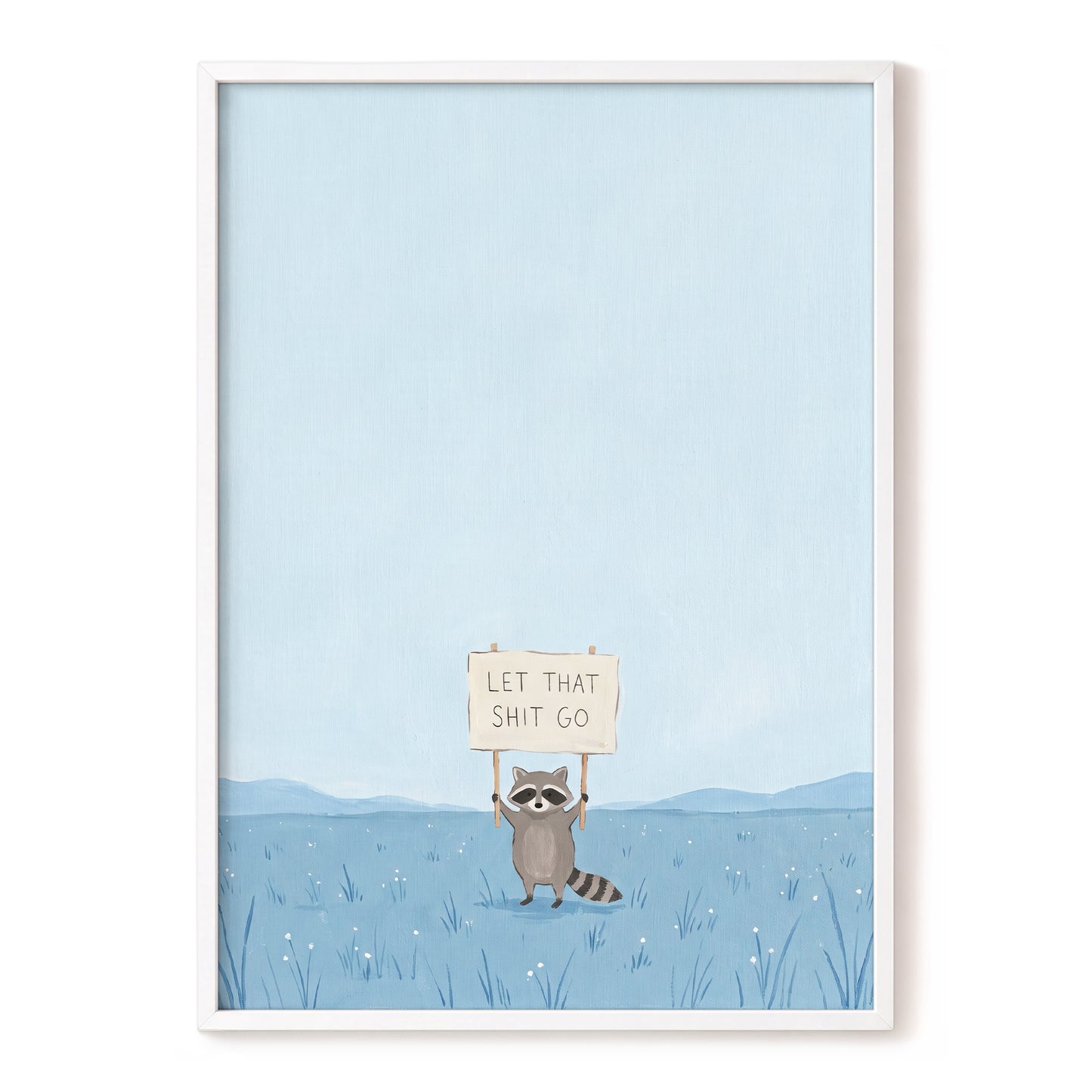 Let It Go Raccoon, blue, beige, gray nature wall art, front artwork view