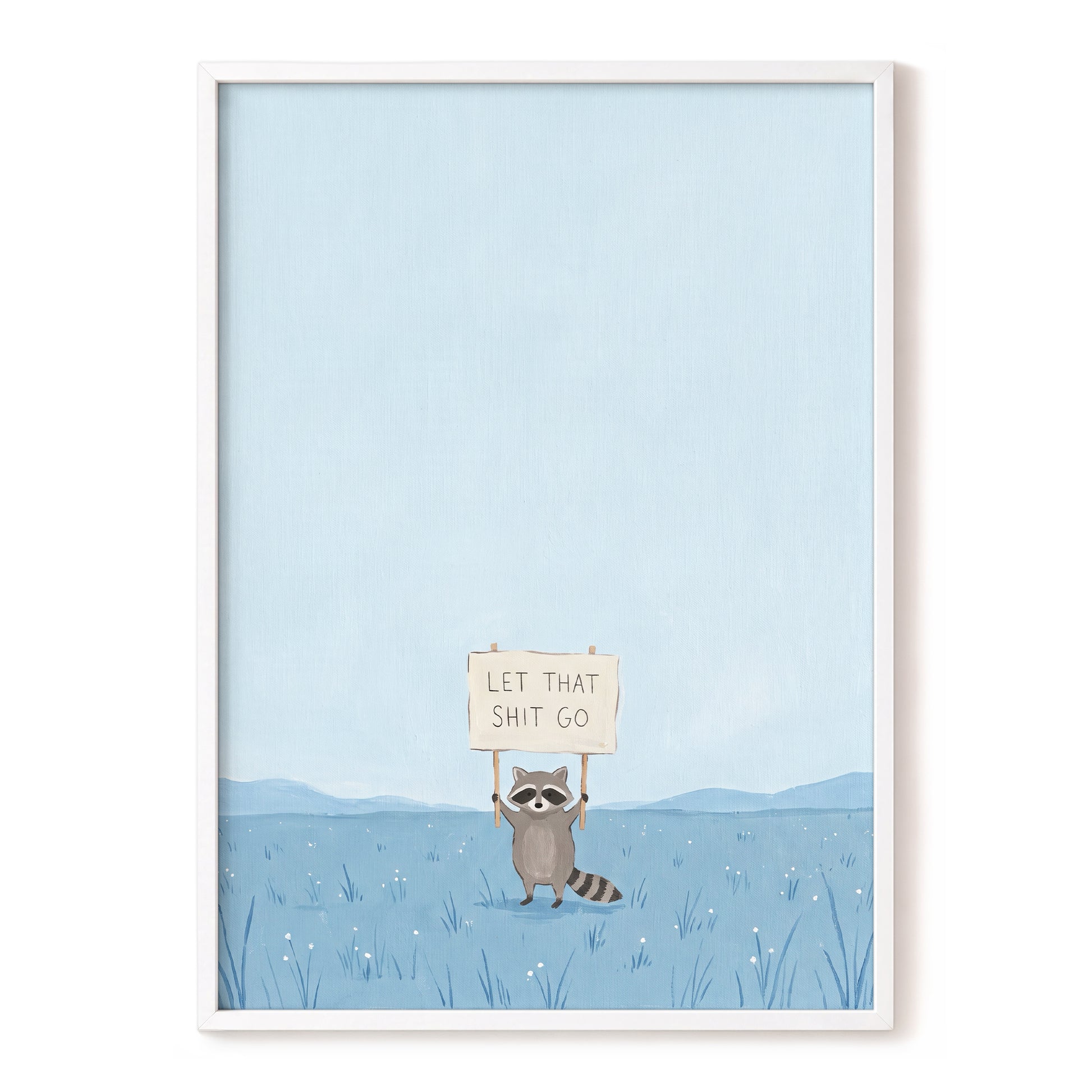 Let It Go Raccoon, blue, beige, gray nature wall art, front artwork view