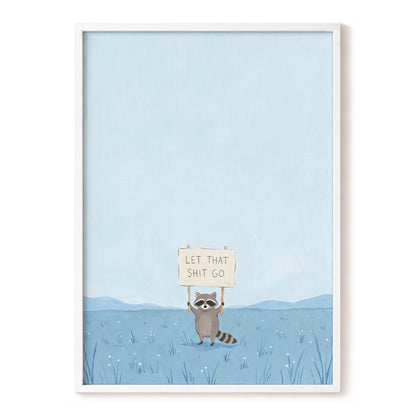Let It Go Raccoon, blue, beige, gray nature wall art, front artwork view