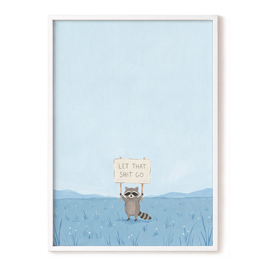 Let It Go Raccoon, blue, beige, gray nature wall art, front artwork view
