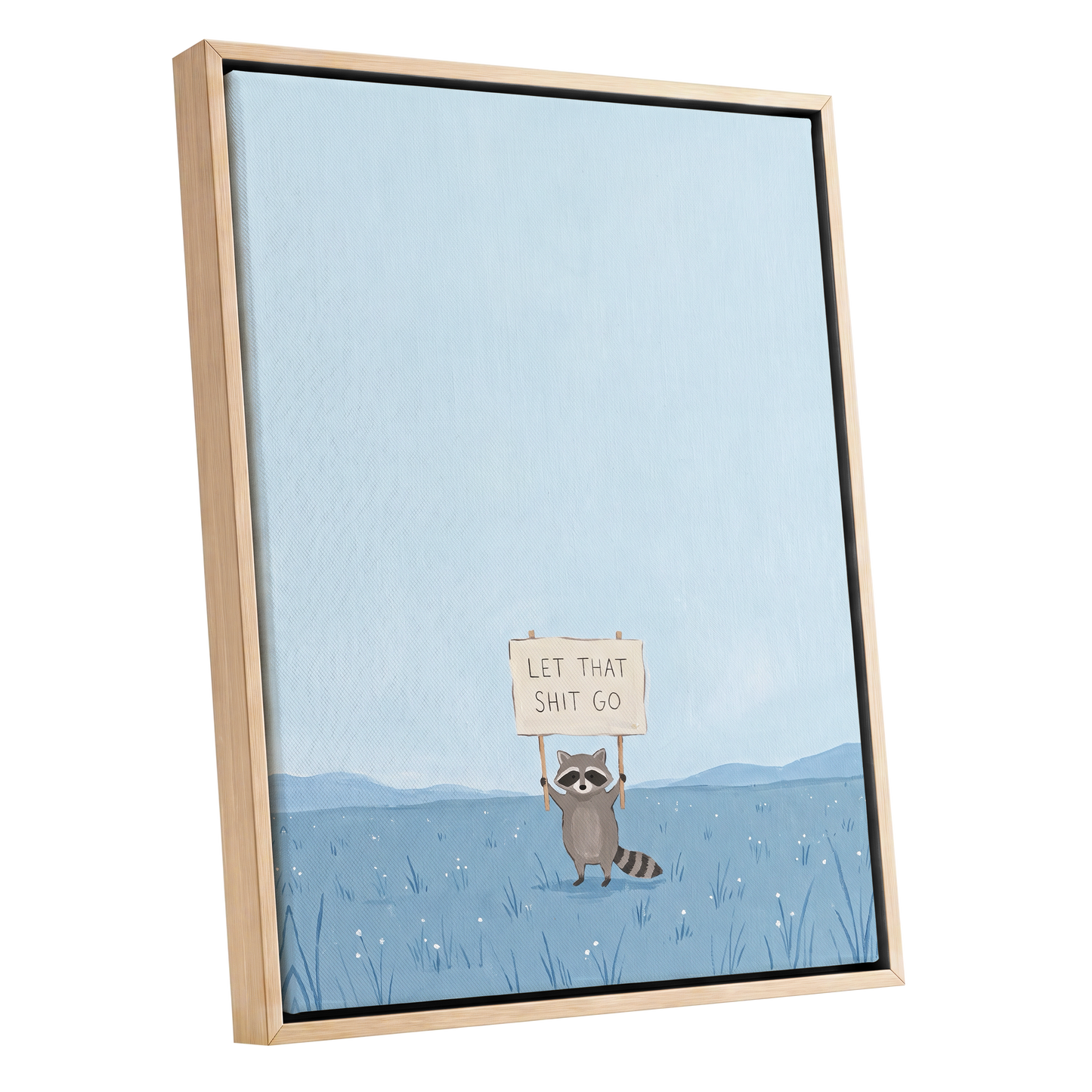 Let It Go Raccoon, blue, beige, gray nature wall art shown as a oak framed canvas wall art