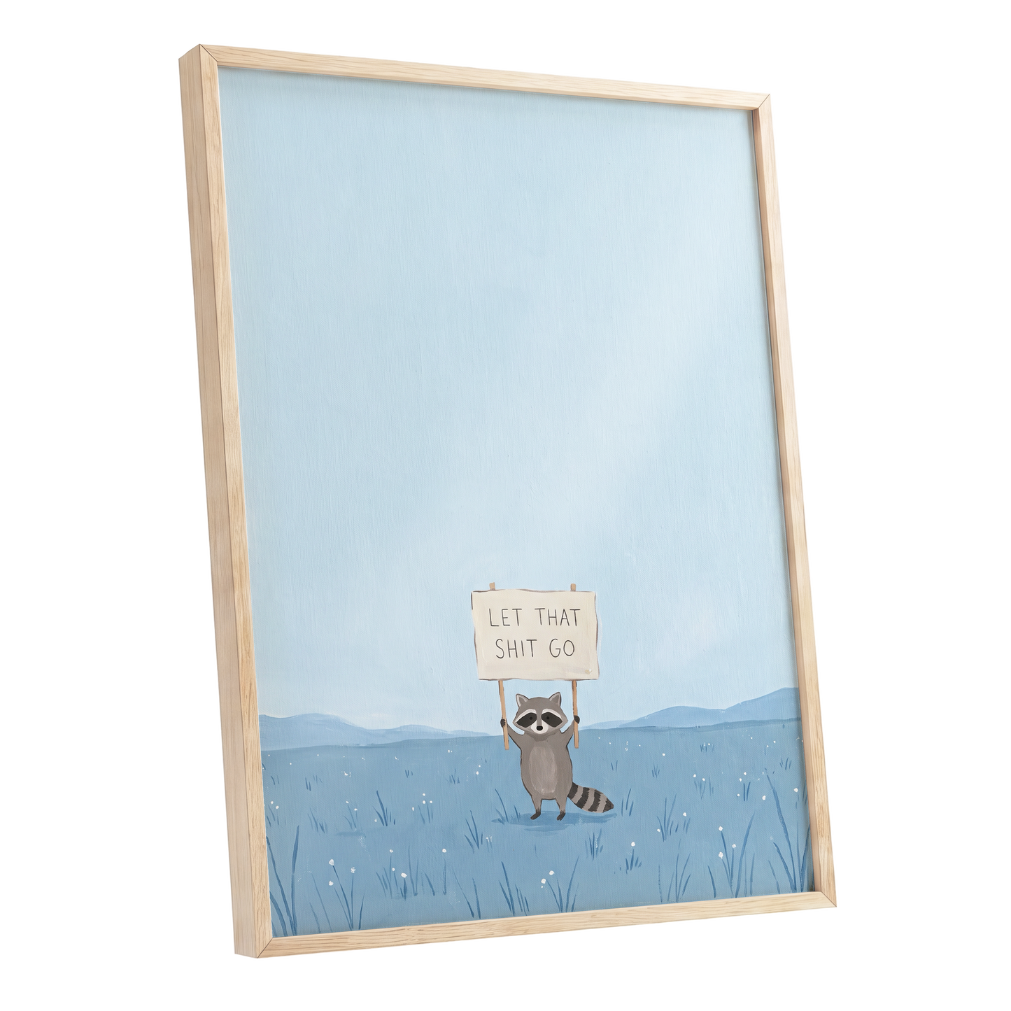 Let It Go Raccoon, blue, beige, gray nature wall art shown as a oak framed poster wall art print