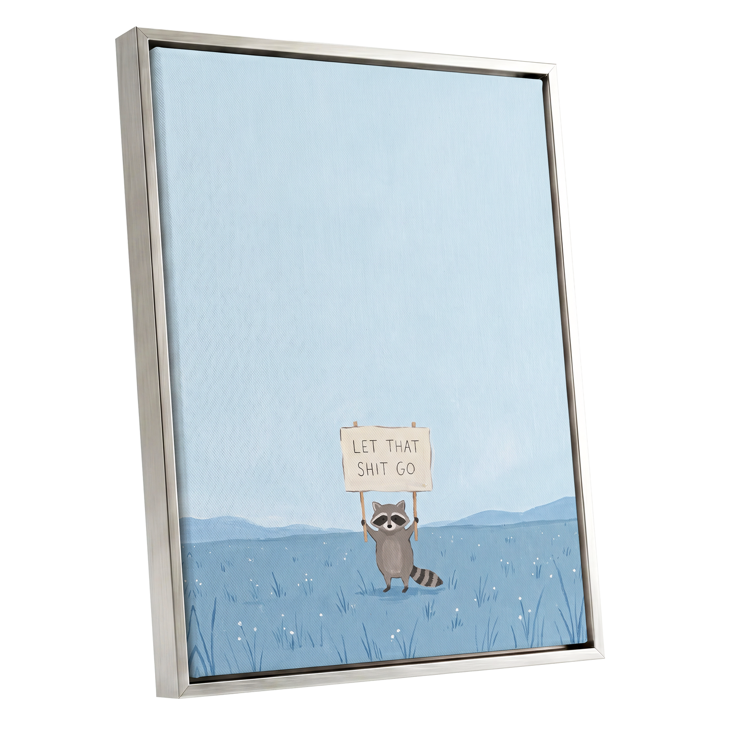 Let It Go Raccoon, blue, beige, gray nature wall art shown as a silver framed canvas wall art