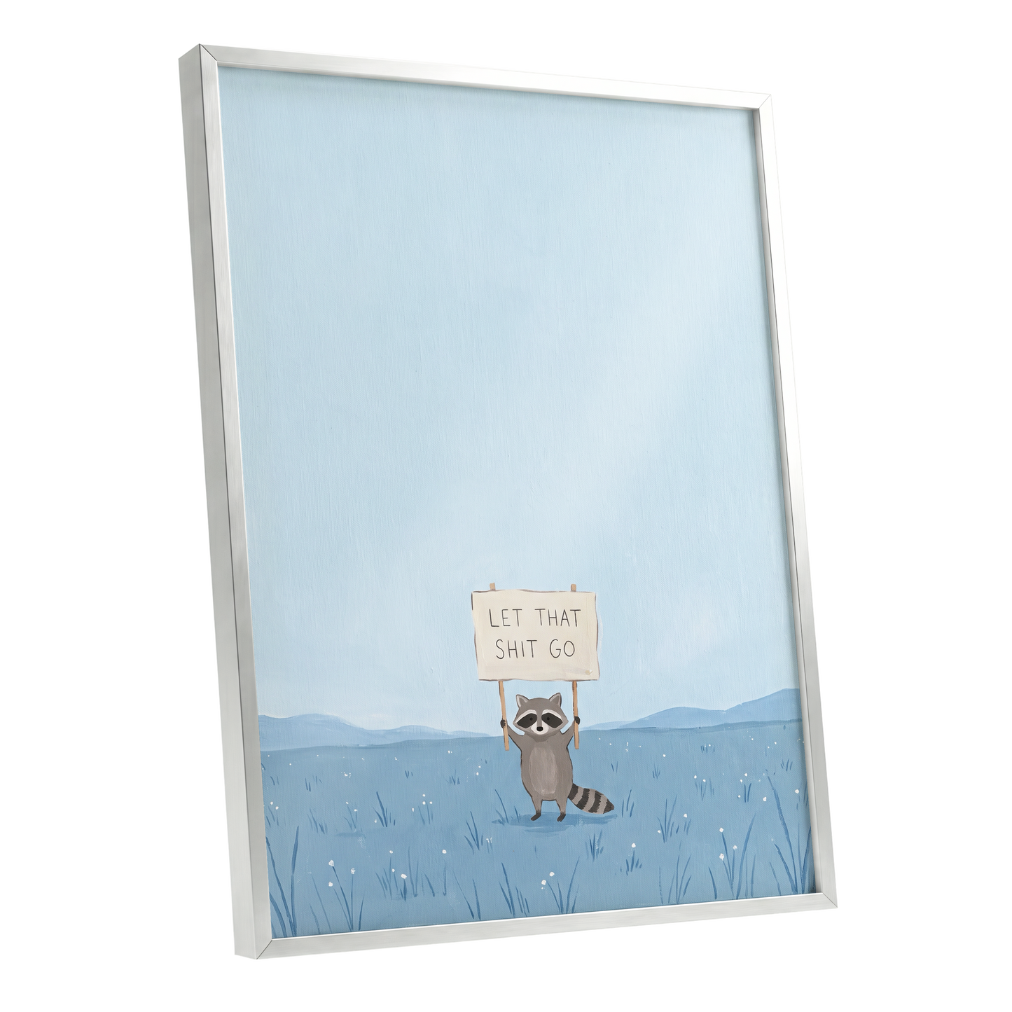 Let It Go Raccoon, blue, beige, gray nature wall art shown as a silver framed poster wall art print