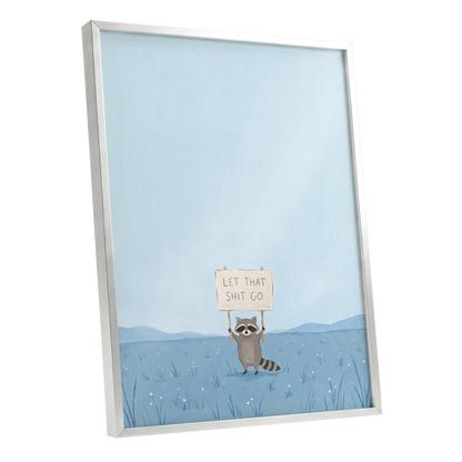 Let It Go Raccoon, blue, beige, gray nature wall art shown as a silver framed poster wall art print
