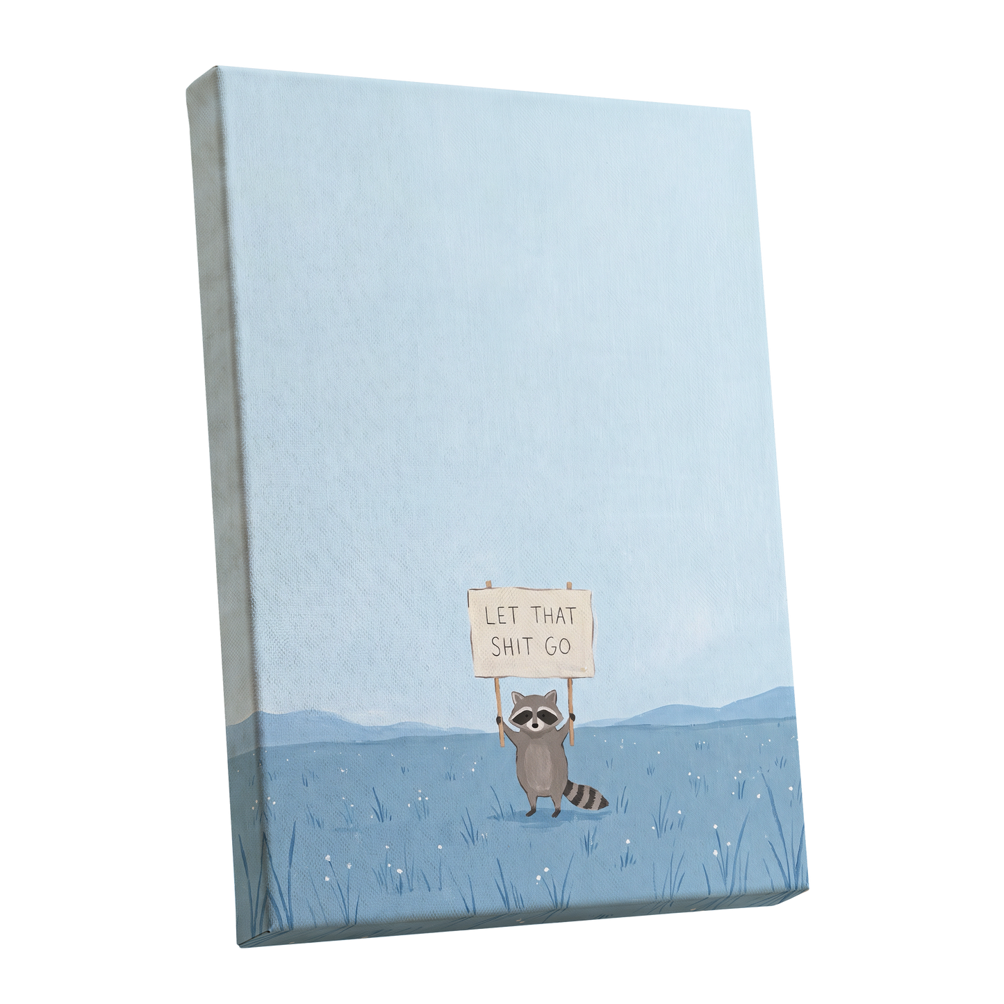 Let It Go Raccoon, blue, beige, gray nature wall art shown as a stretched canvas wall art