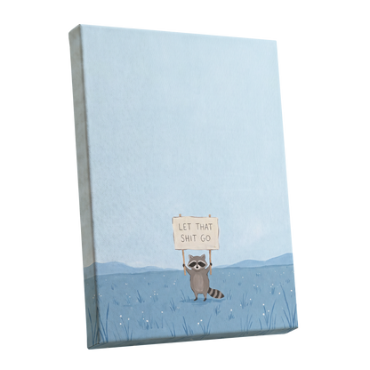 Let It Go Raccoon, blue, beige, gray nature wall art shown as a stretched canvas wall art