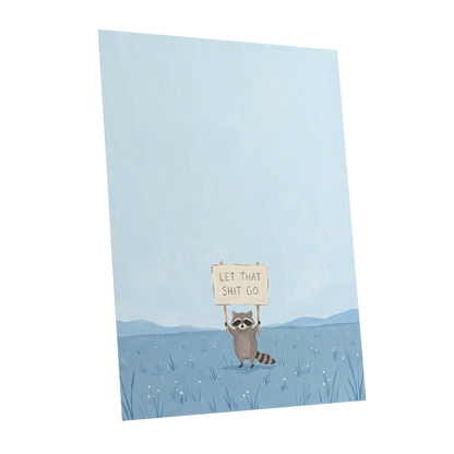 Let It Go Raccoon, blue, beige, gray nature wall art shown as a unframed poster wall art print