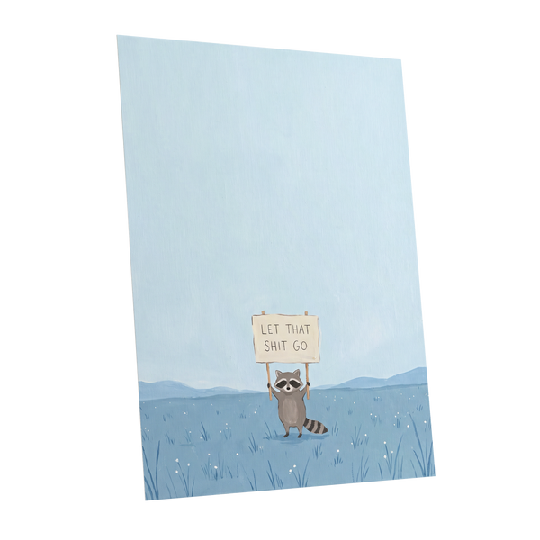 Let It Go Raccoon, blue, beige, gray nature wall art shown as a unframed poster wall art print