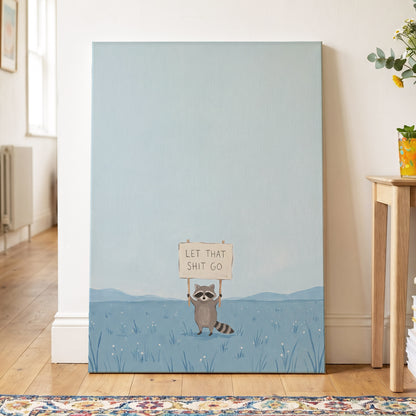 Let It Go Raccoon, blue, beige, gray nature wall art displayed in a styled interior, gallery view 3