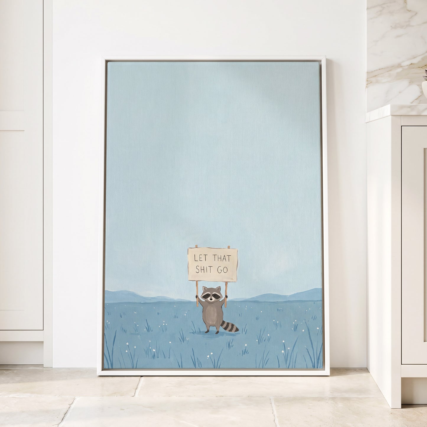 Let It Go Raccoon, blue, beige, gray nature wall art displayed in a styled interior, gallery view 4