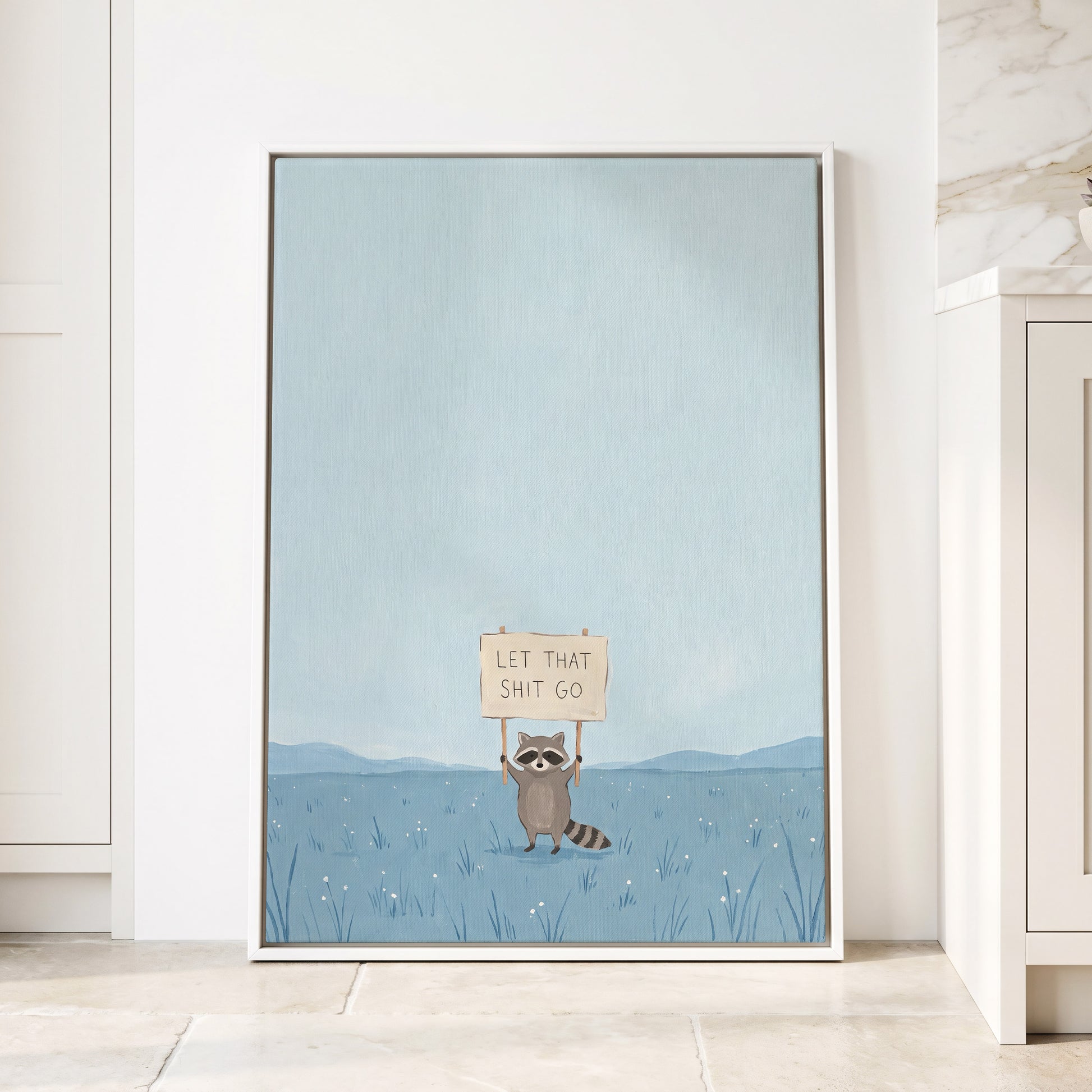 Let It Go Raccoon, blue, beige, gray nature wall art displayed in a styled interior, gallery view 4