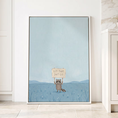 Let It Go Raccoon, blue, beige, gray nature wall art displayed in a styled interior, gallery view 4