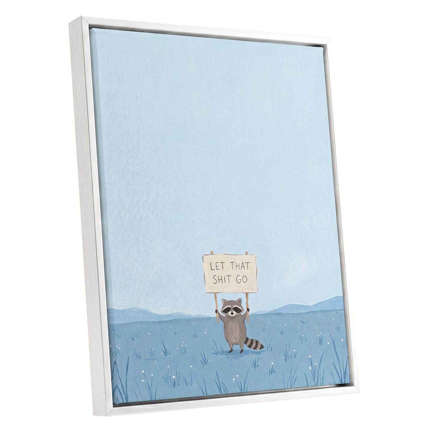 Let It Go Raccoon, blue, beige, gray nature wall art shown as a white framed canvas wall art