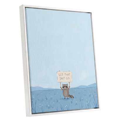 Let It Go Raccoon, blue, beige, gray nature wall art shown as a white framed canvas wall art