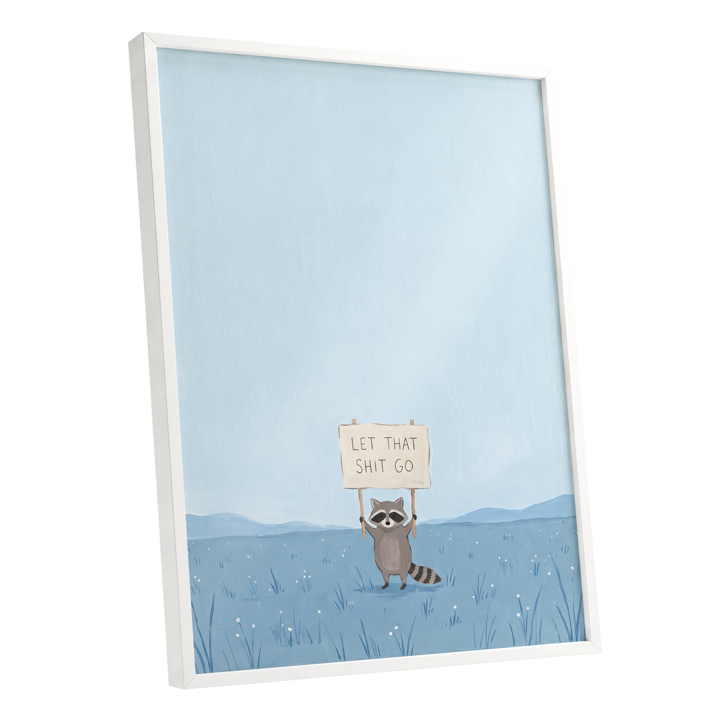 Let It Go Raccoon, blue, beige, gray nature wall art shown as a white framed poster wall art print