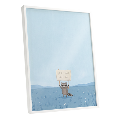 Let It Go Raccoon, blue, beige, gray nature wall art shown as a white framed poster wall art print