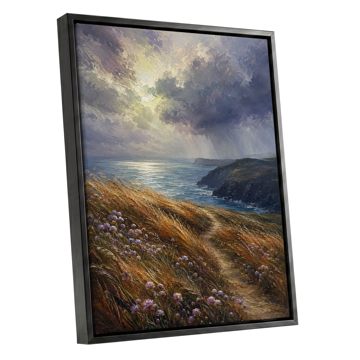 Light on the Headland, blue, gold, brown nature wall art shown as a black framed canvas wall art