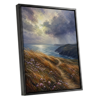 Light on the Headland, blue, gold, brown nature wall art shown as a black framed canvas wall art