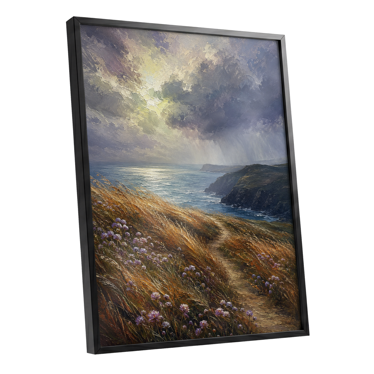 Light on the Headland, blue, gold, brown nature wall art shown as a black framed poster wall art print