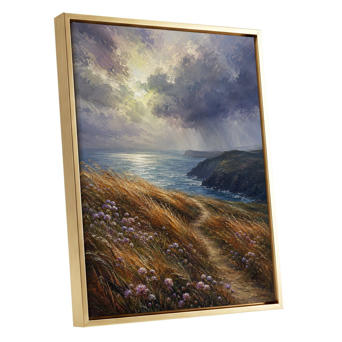 Light on the Headland, blue, gold, brown nature wall art shown as a gold framed canvas wall art