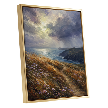 Light on the Headland, blue, gold, brown nature wall art shown as a gold framed canvas wall art