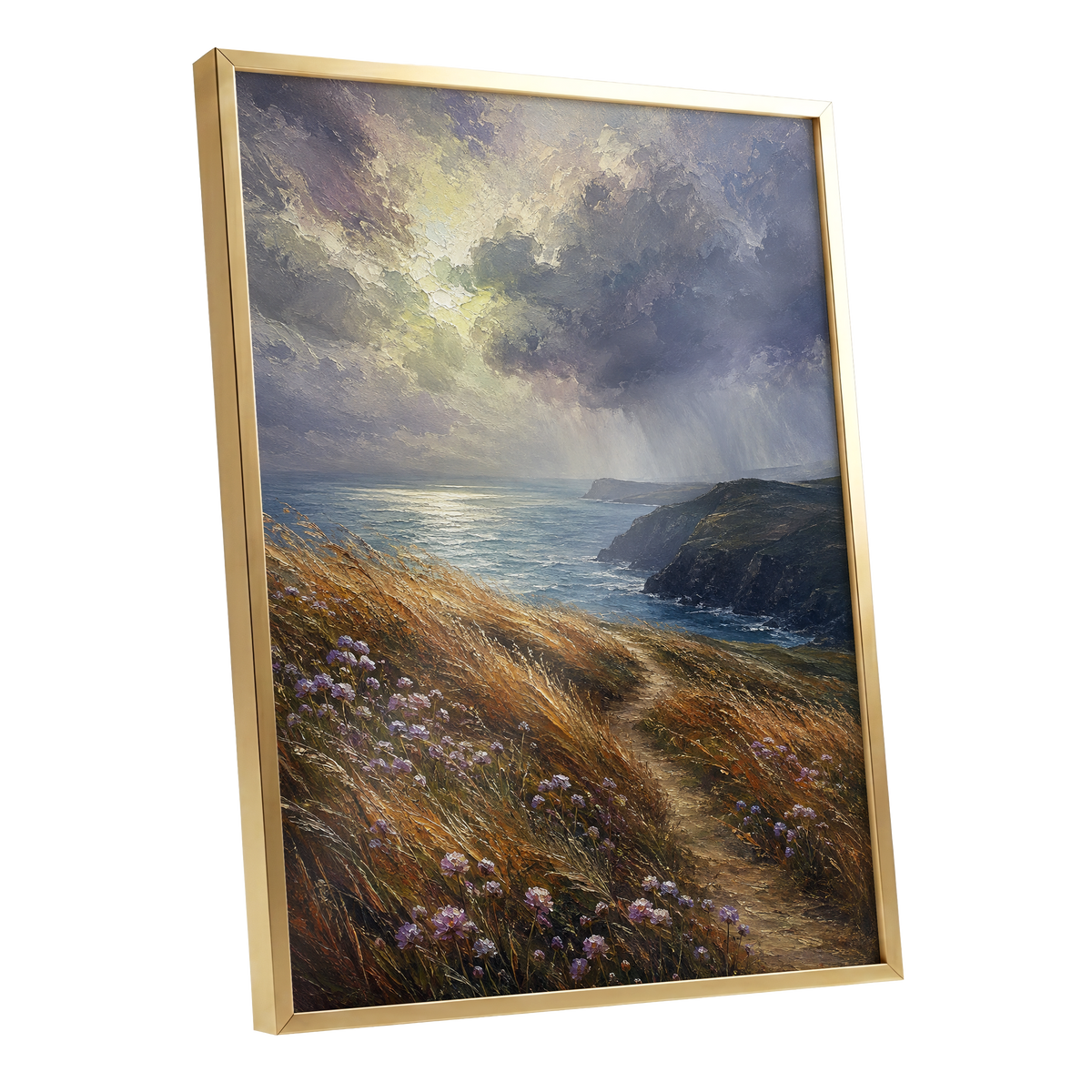 Light on the Headland, blue, gold, brown nature wall art shown as a gold framed poster wall art print