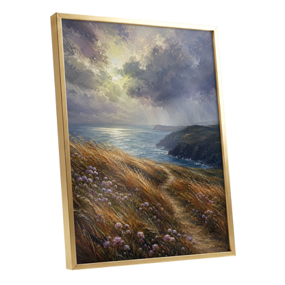 Light on the Headland, blue, gold, brown nature wall art shown as a gold framed poster wall art print