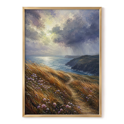 Light on the Headland, blue, gold, brown nature wall art, front artwork view