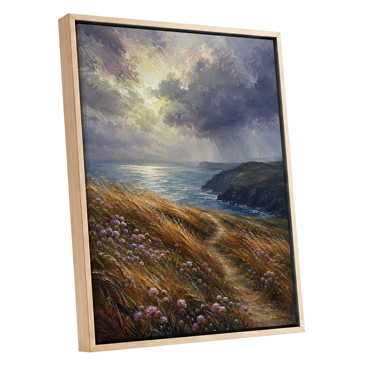 Light on the Headland, blue, gold, brown nature wall art shown as a oak framed canvas wall art