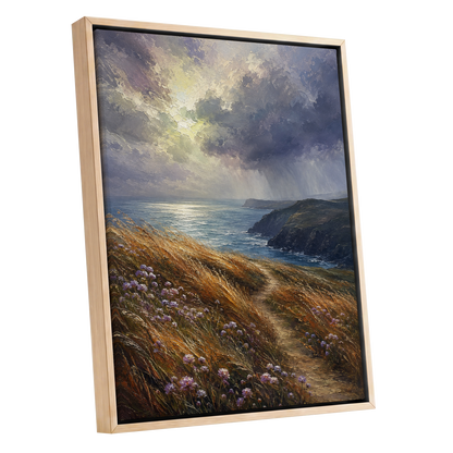 Light on the Headland, blue, gold, brown nature wall art shown as a oak framed canvas wall art