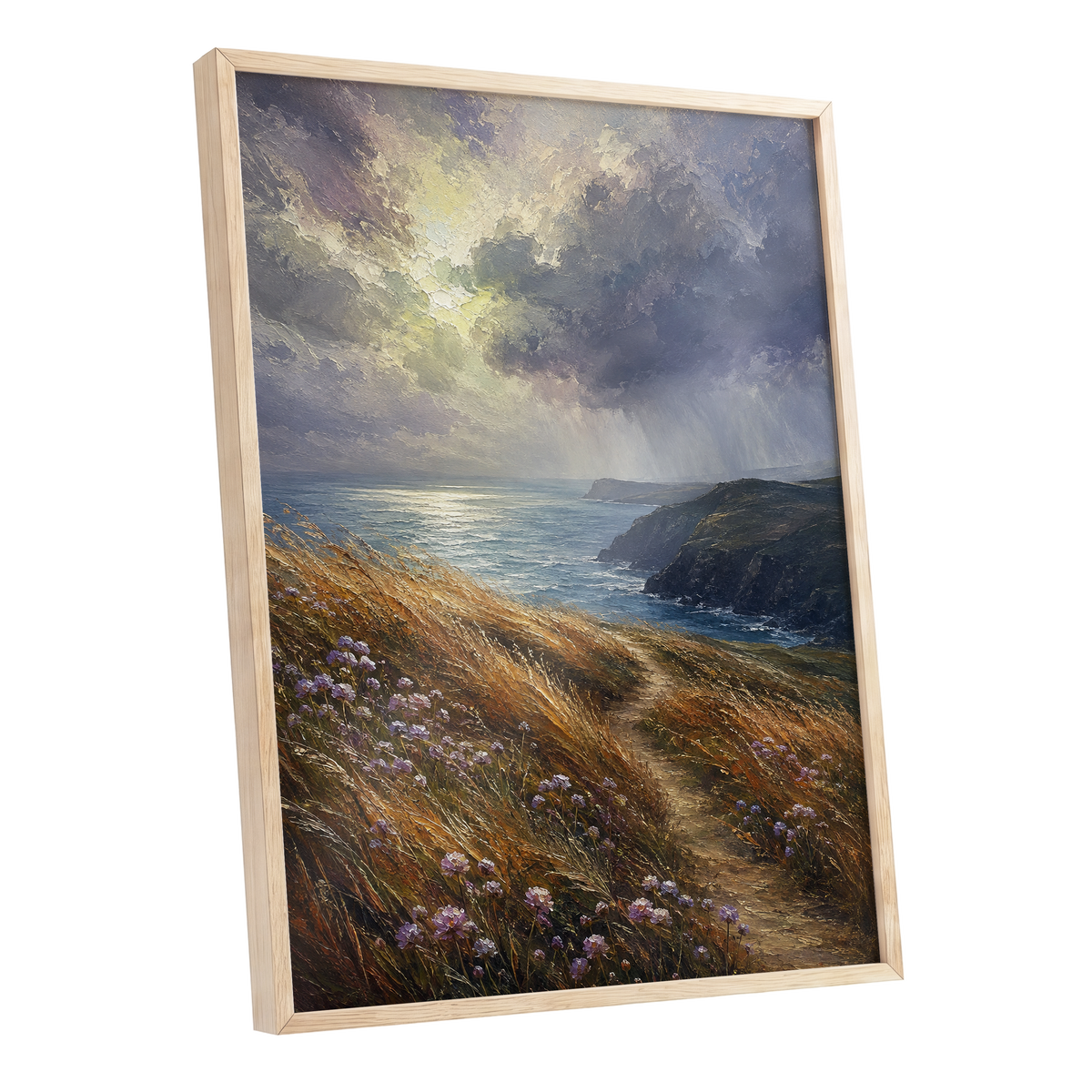 Light on the Headland, blue, gold, brown nature wall art shown as a oak framed poster wall art print