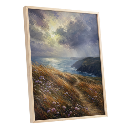 Light on the Headland, blue, gold, brown nature wall art shown as a oak framed poster wall art print