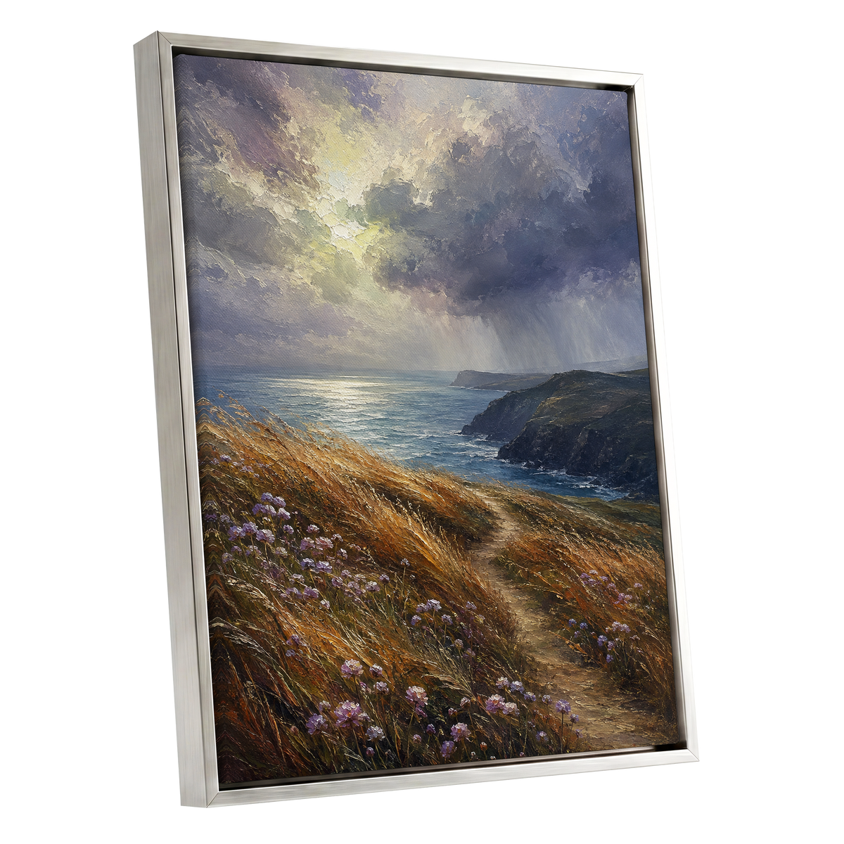 Light on the Headland, blue, gold, brown nature wall art shown as a silver framed canvas wall art