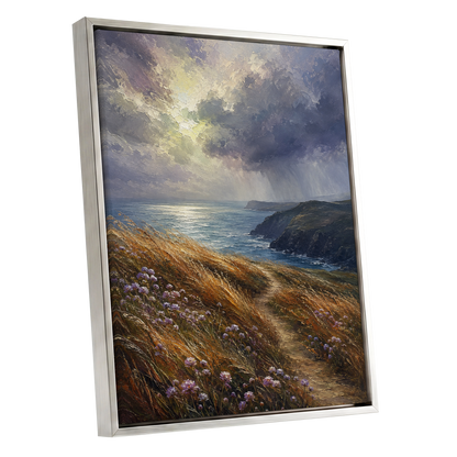 Light on the Headland, blue, gold, brown nature wall art shown as a silver framed canvas wall art