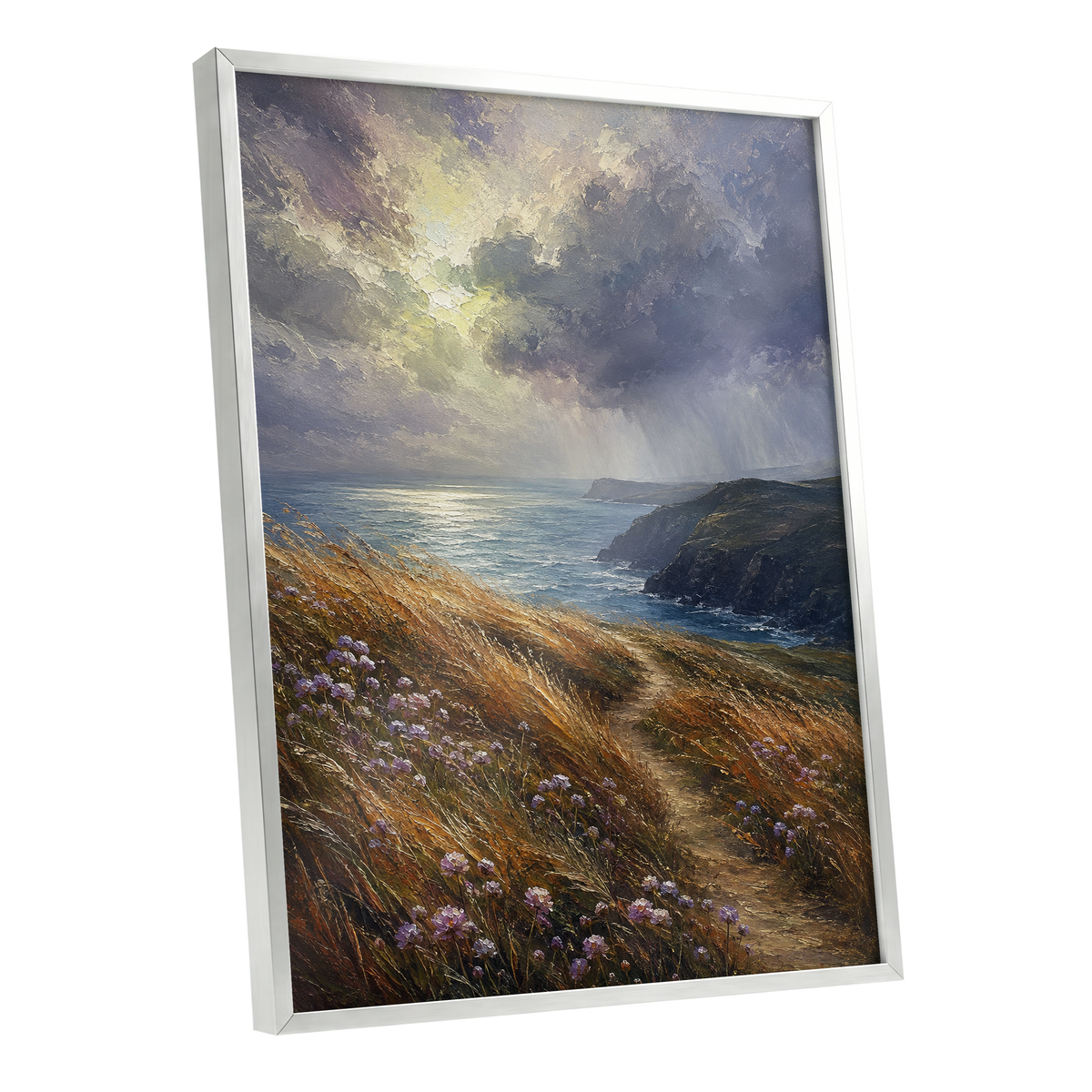 Light on the Headland, blue, gold, brown nature wall art shown as a silver framed poster wall art print