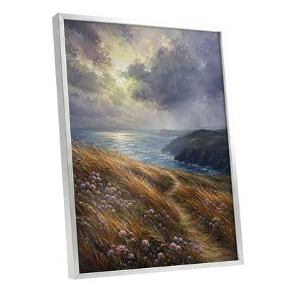Light on the Headland, blue, gold, brown nature wall art shown as a silver framed poster wall art print
