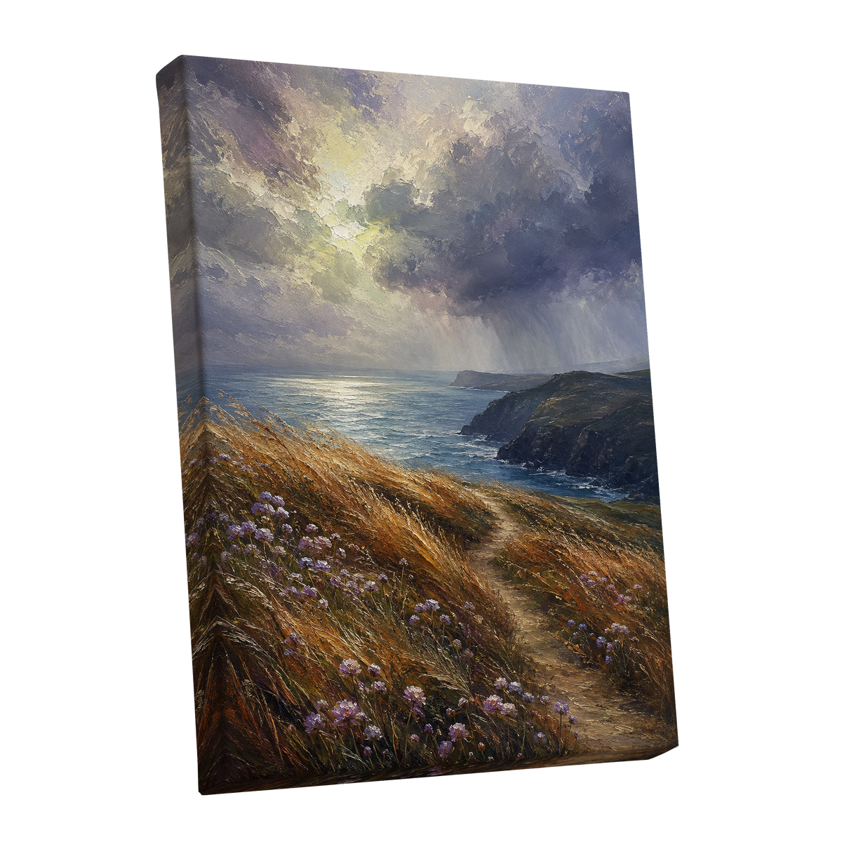 Light on the Headland, blue, gold, brown nature wall art shown as a stretched canvas wall art