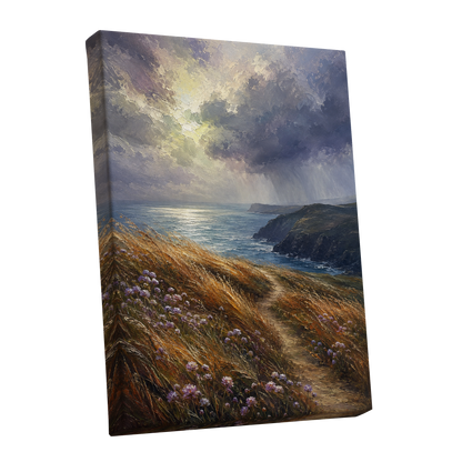 Light on the Headland, blue, gold, brown nature wall art shown as a stretched canvas wall art