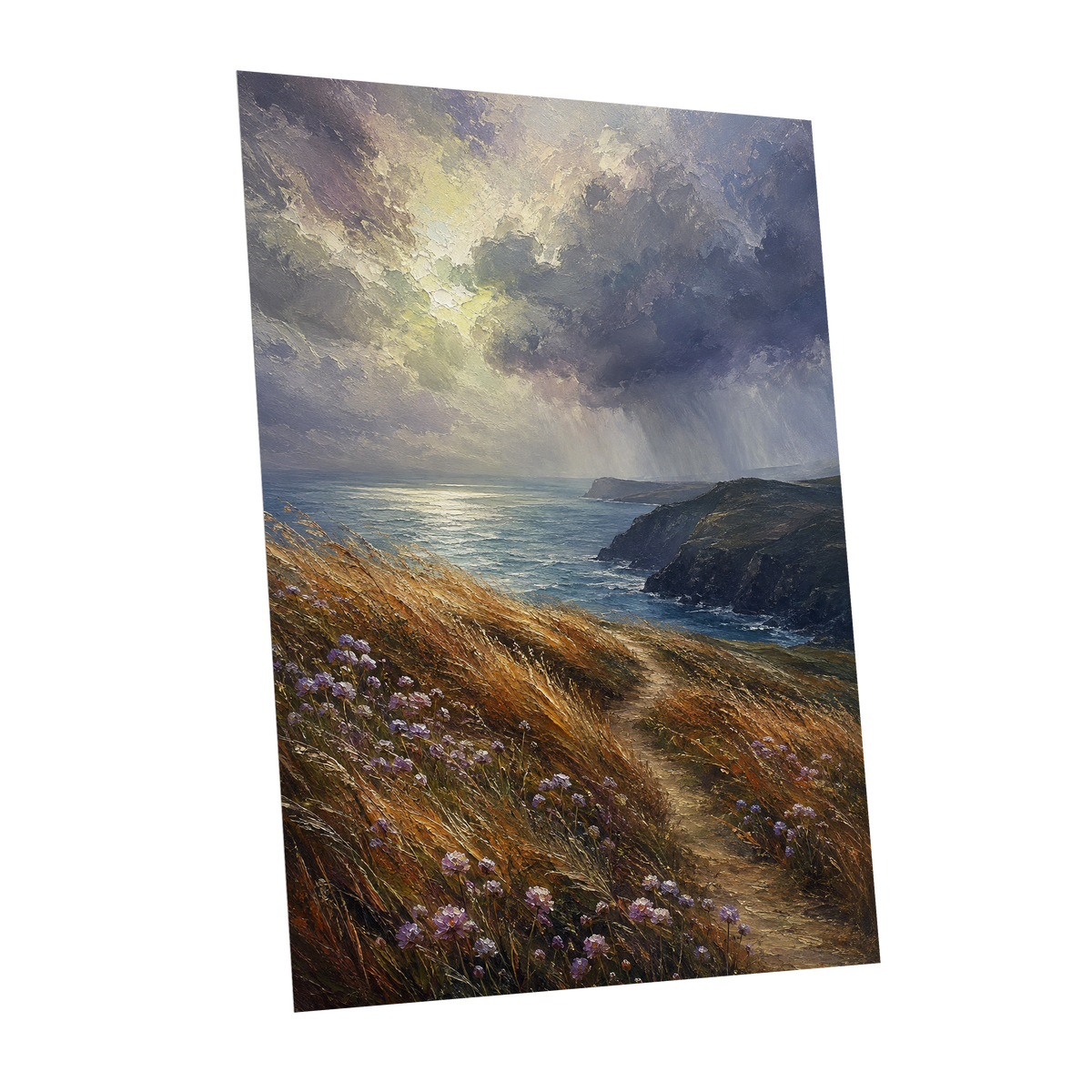 Light on the Headland, blue, gold, brown nature wall art shown as a unframed poster wall art print