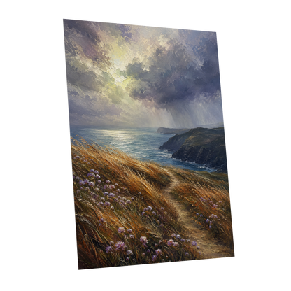 Light on the Headland, blue, gold, brown nature wall art shown as a unframed poster wall art print