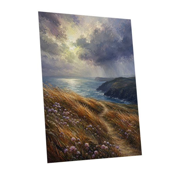Light on the Headland, blue, gold, brown nature wall art shown as a unframed poster wall art print