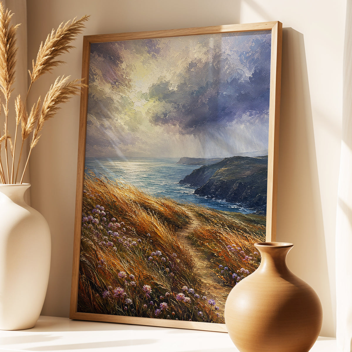 Light on the Headland, blue, gold, brown nature wall art displayed in a styled interior, gallery view 2