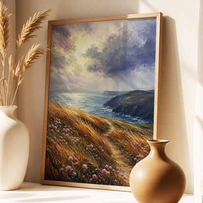 Light on the Headland, blue, gold, brown nature wall art displayed in a styled interior, gallery view 2