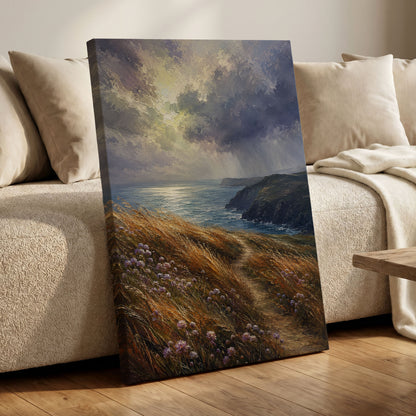 Light on the Headland, blue, gold, brown nature wall art displayed in a styled interior, gallery view 3