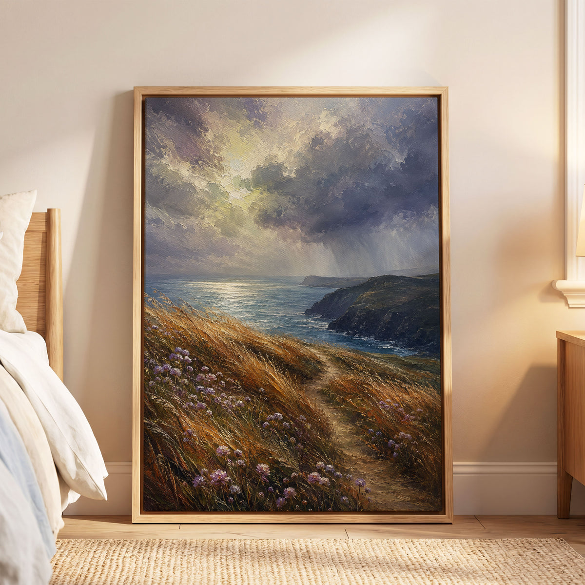Light on the Headland, blue, gold, brown nature wall art displayed in a styled interior, gallery view 4