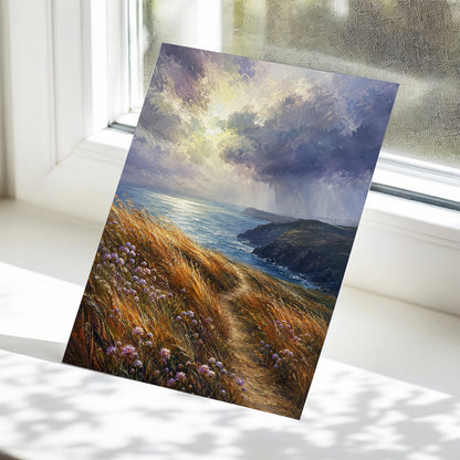 Light on the Headland, blue, gold, brown nature wall art displayed in a styled interior, gallery view 5