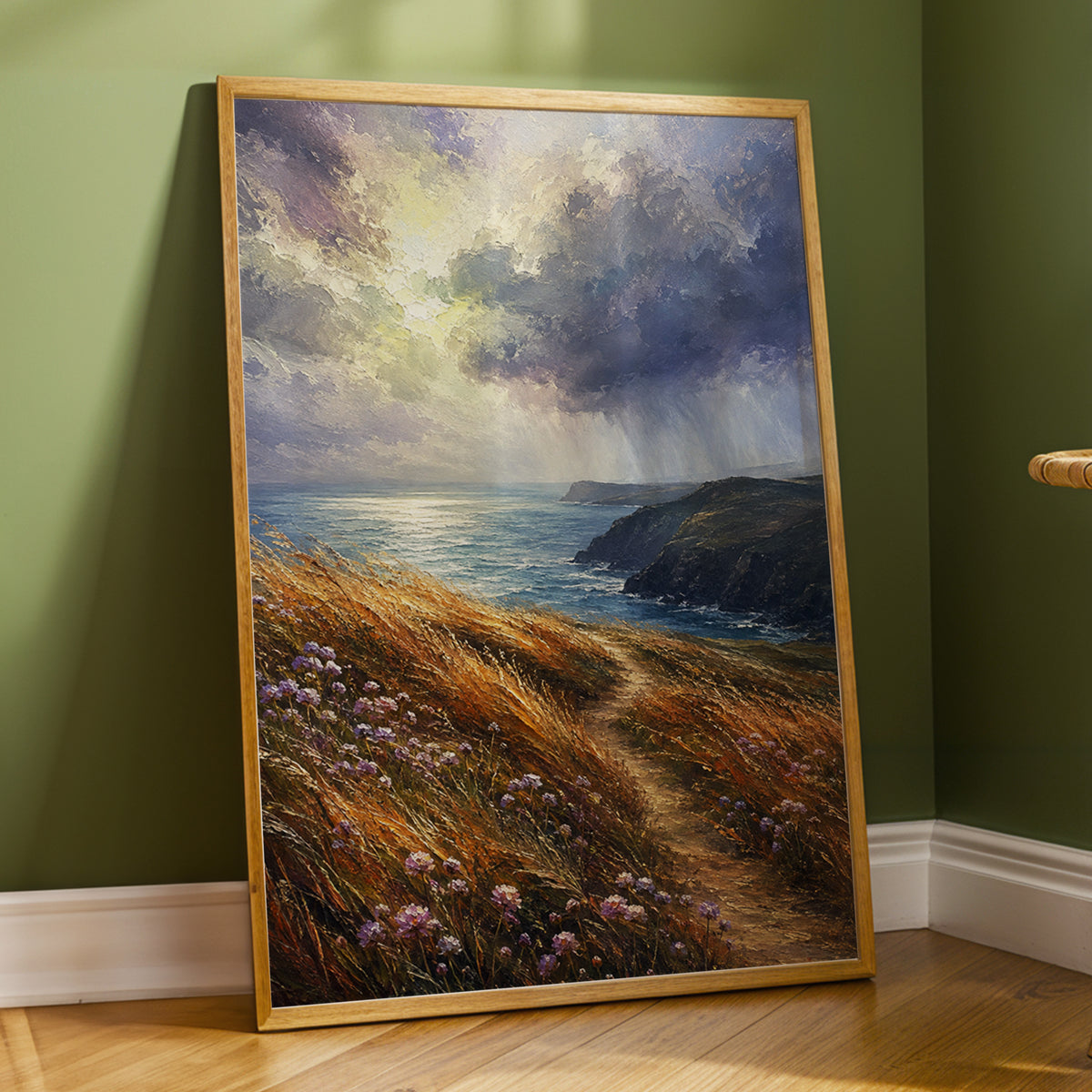 Light on the Headland, blue, gold, brown nature wall art displayed in a styled interior, gallery view 6